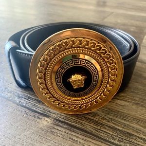 Versace Black Leather Round Medusa Head Belt